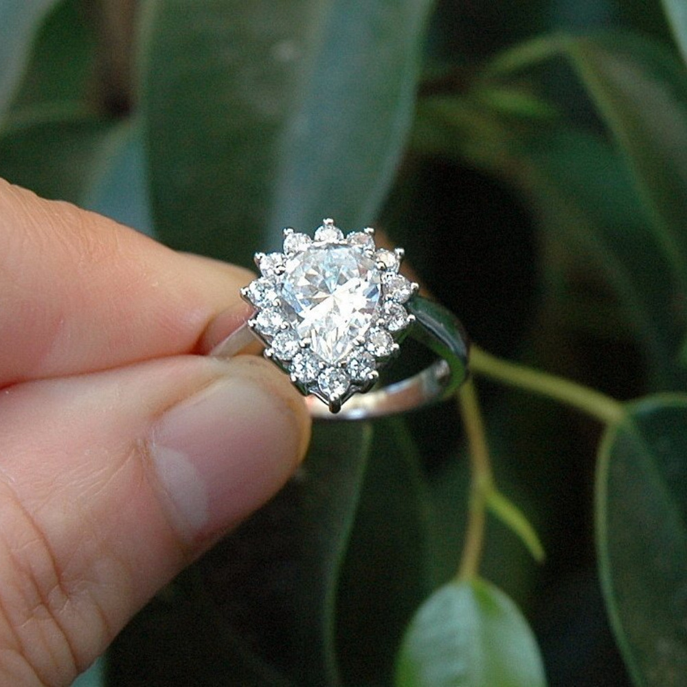 Sterling Silver Pear Cut Halo Ring Engagement ring - Picture 2 of 5